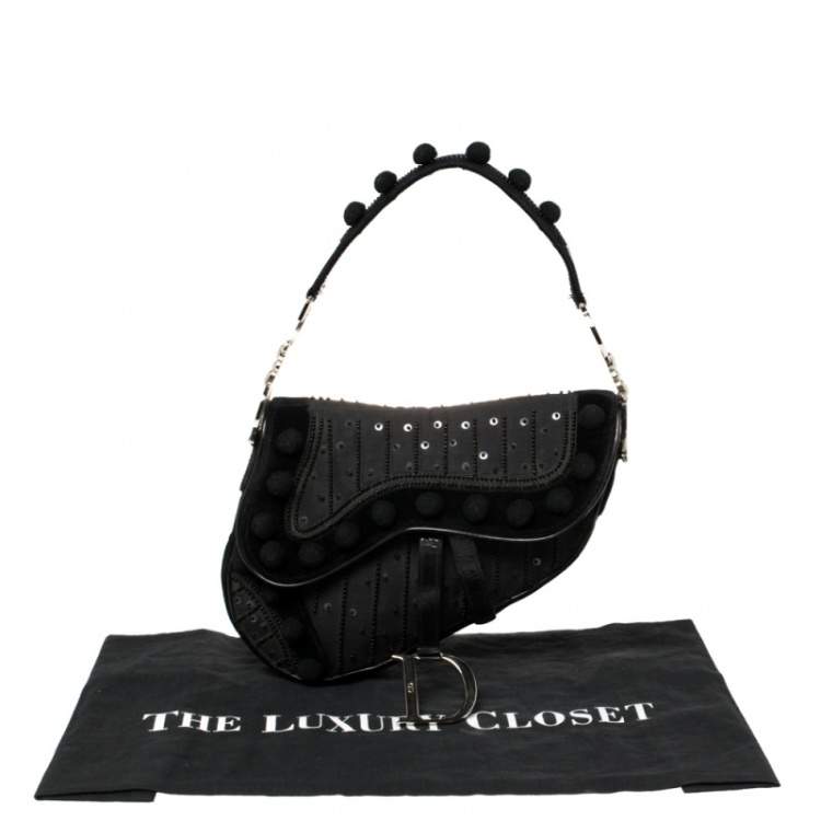 Pre Owned Dior Black Velvet/Nylon and Leather Vintage Pom Pom Embellished Saddle Bag