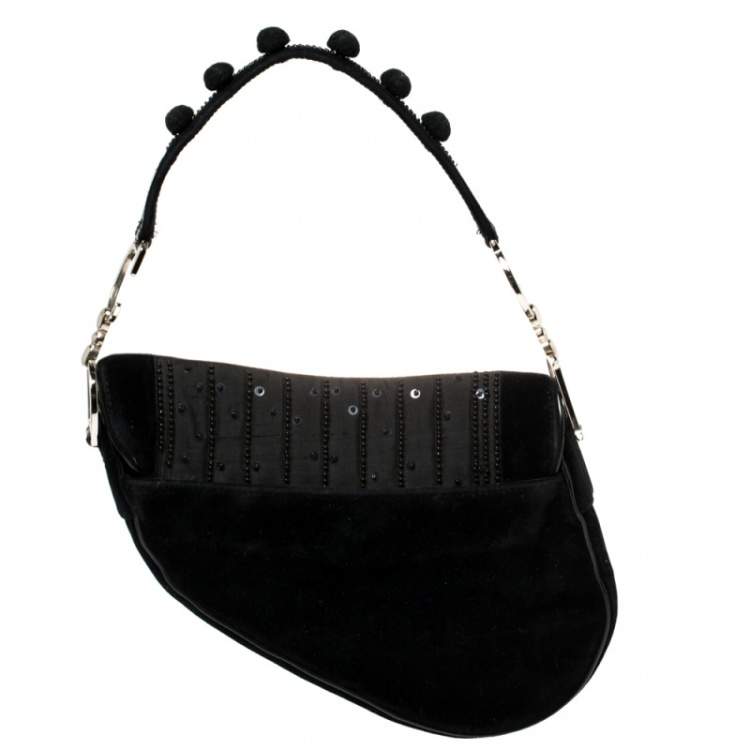 Pre Owned Dior Black Velvet/Nylon and Leather Vintage Pom Pom Embellished Saddle Bag