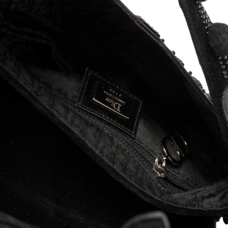 Pre Owned Dior Black Velvet/Nylon and Leather Vintage Pom Pom Embellished Saddle Bag