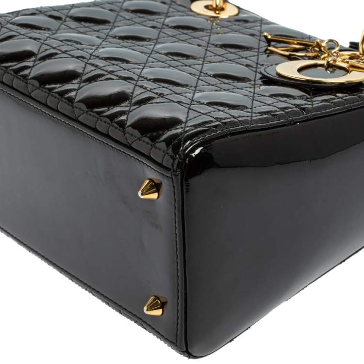 Pre Owned Dior Black Cannage Patent Leather Medium Lady Dior Tote