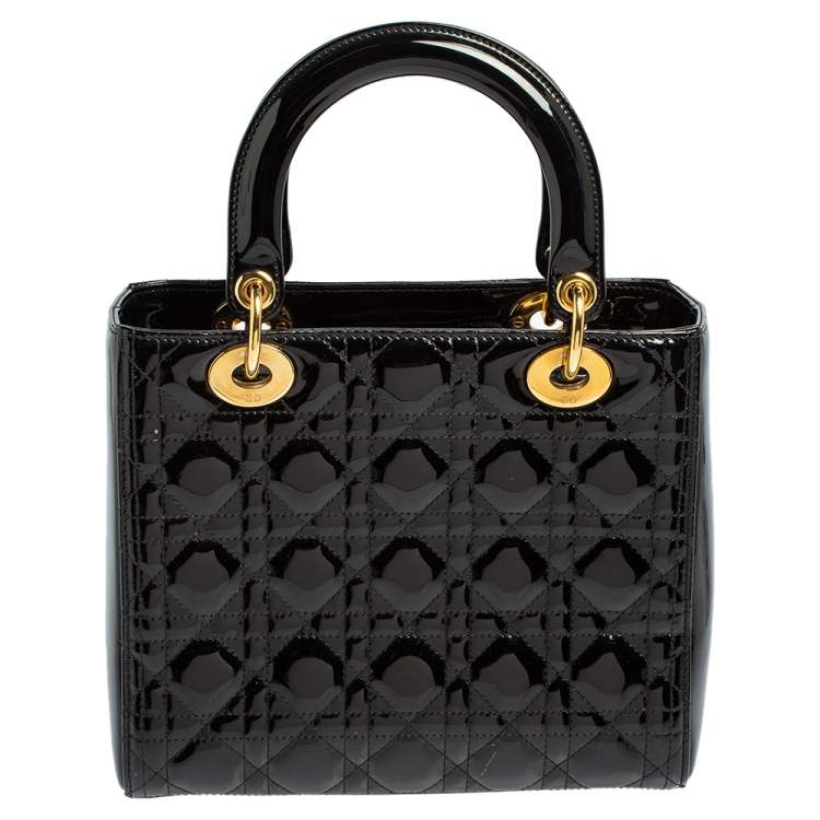 Pre Owned Dior Black Cannage Patent Leather Medium Lady Dior Tote