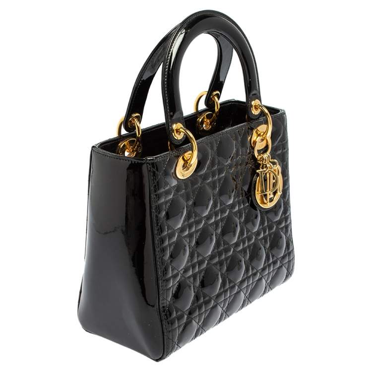 Pre Owned Dior Black Cannage Patent Leather Medium Lady Dior Tote