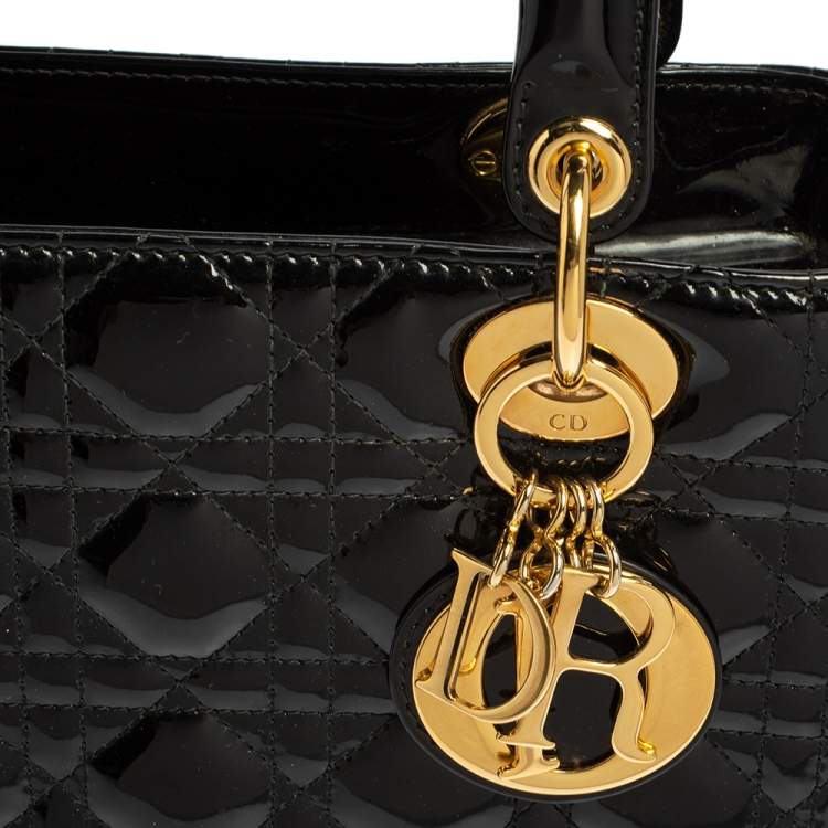 Pre Owned Dior Black Cannage Patent Leather Medium Lady Dior Tote