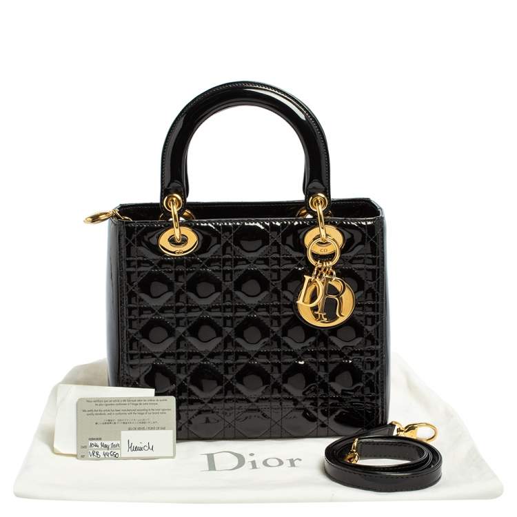 Pre Owned Dior Black Cannage Patent Leather Medium Lady Dior Tote