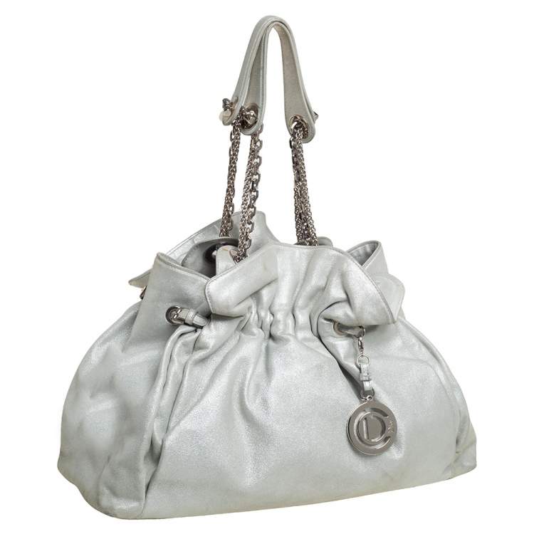 Pre Owned Dior Silver Shimmer Nubuck Leather Le Trente Hobo