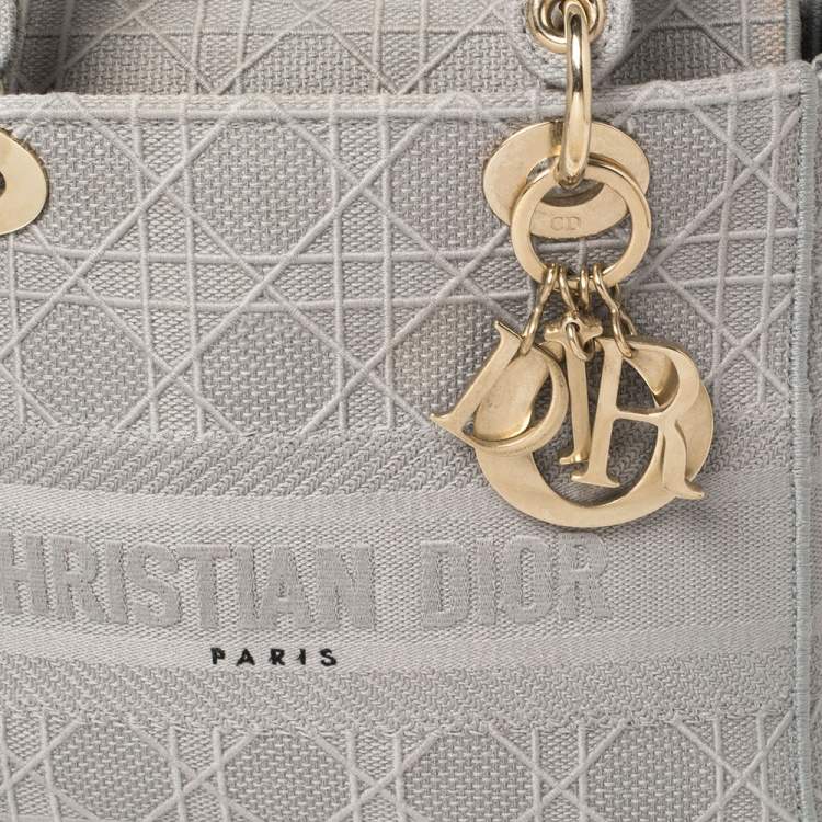 Pre Owned Dior Grey Cannage Embroidered Canvas Medium Lady D-Lite Tote