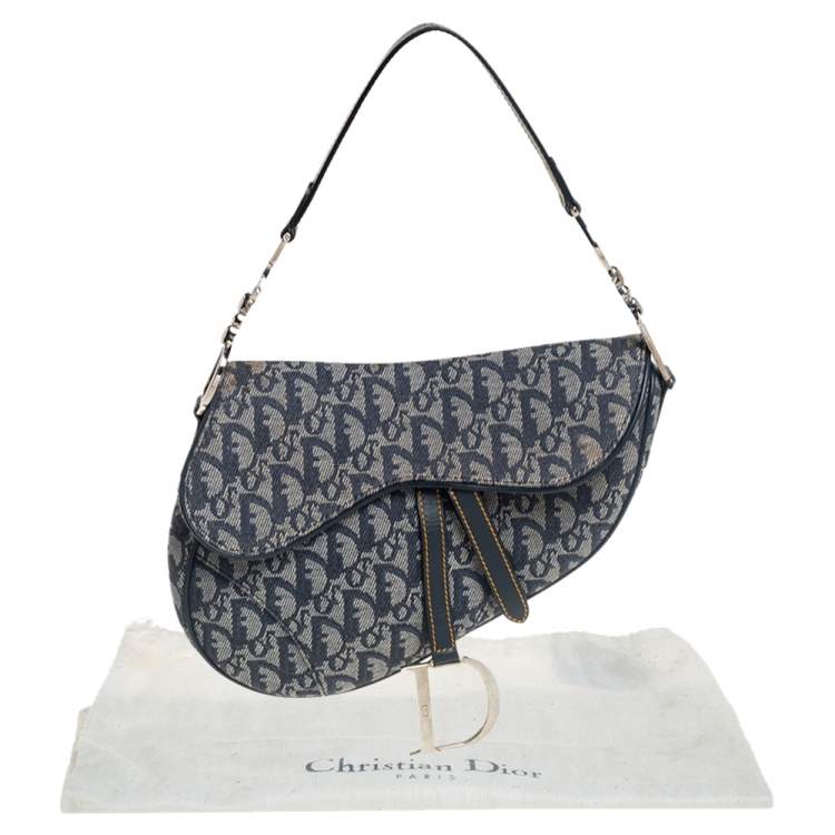 Pre Owned Dior Blue Oblique Canvas and Leather Saddle Bag