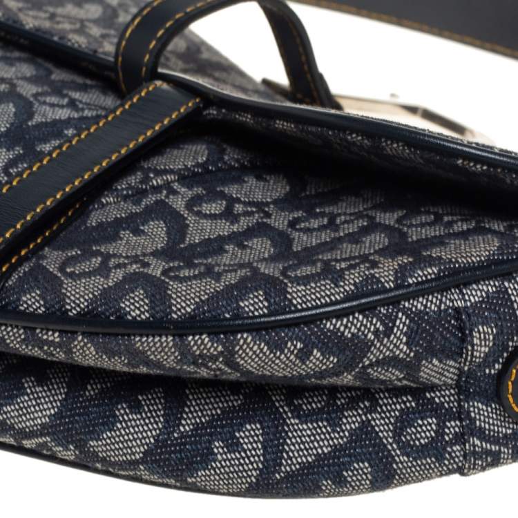 Pre Owned Dior Blue Oblique Canvas and Leather Saddle Bag