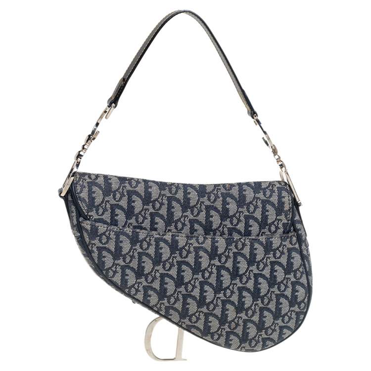 Pre Owned Dior Blue Oblique Canvas and Leather Saddle Bag