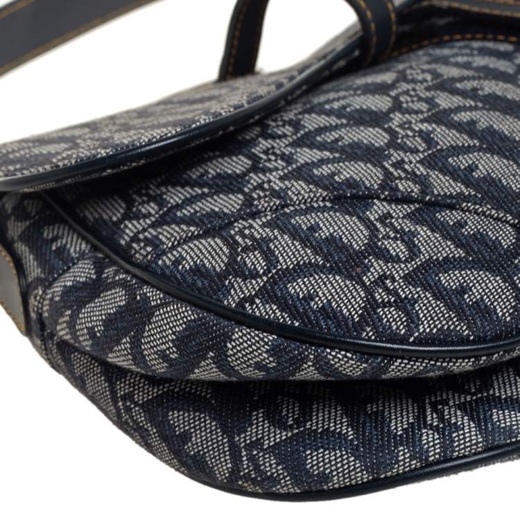 Pre Owned Dior Blue Oblique Canvas and Leather Saddle Bag