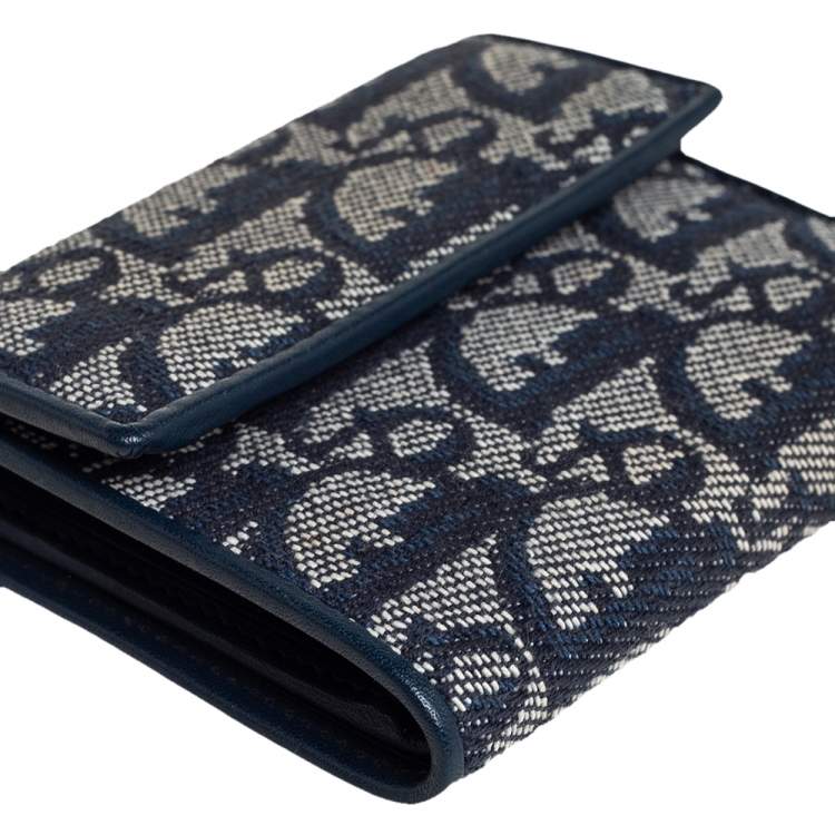 Pre Owned Dior Blue Oblique Canvas and Leather Flap Wallet