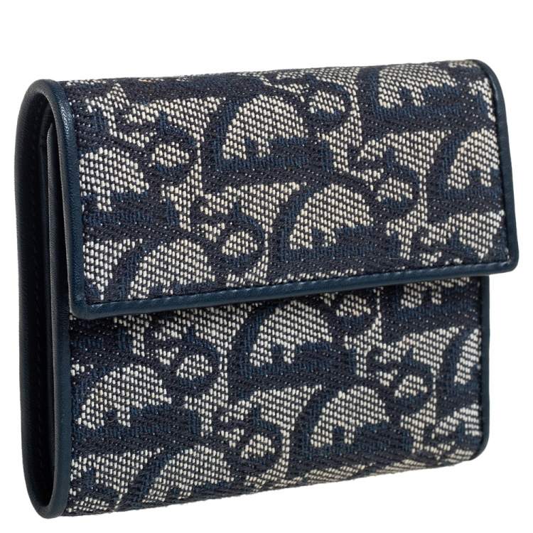 Pre Owned Dior Blue Oblique Canvas and Leather Flap Wallet