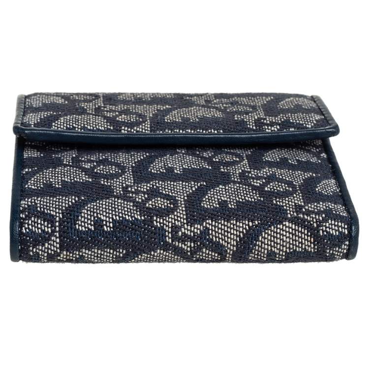 Pre Owned Dior Blue Oblique Canvas and Leather Flap Wallet