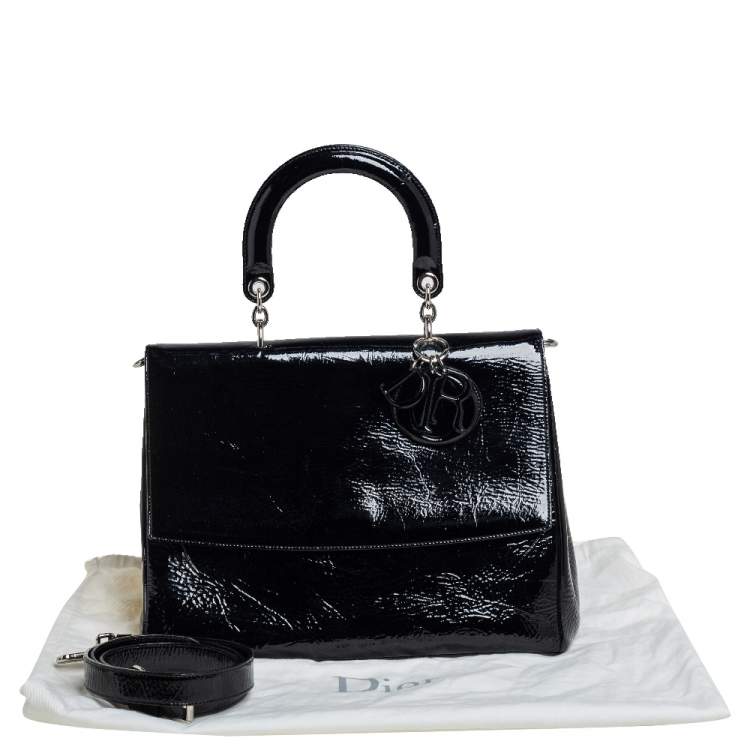 Pre Owned Dior Black Crinkled Patent Leather Be Dior Flap Top Handle Bag