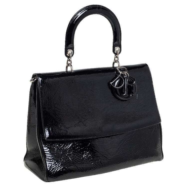 Pre Owned Dior Black Crinkled Patent Leather Be Dior Flap Top Handle Bag