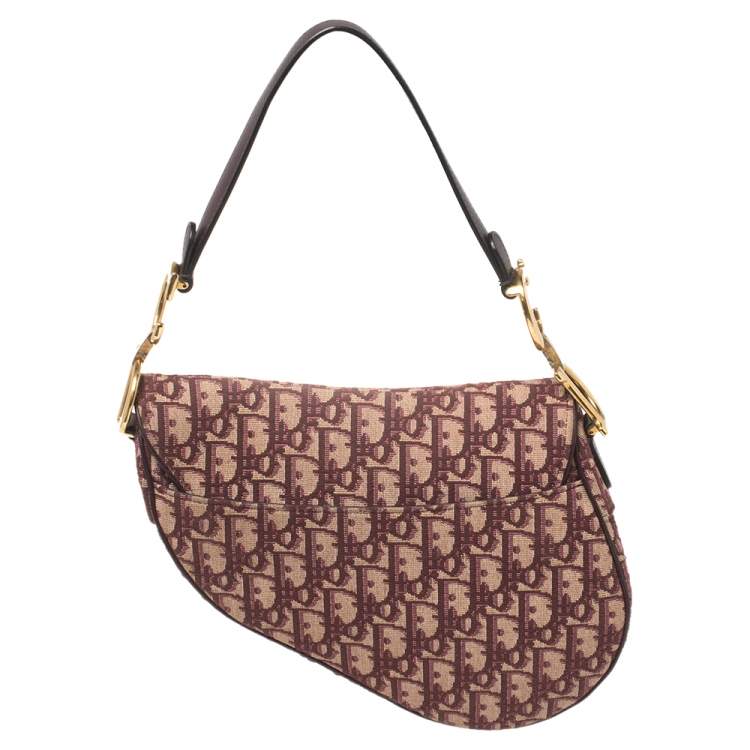 Pre Owned Dior Burgundy/Beige Oblique Canvas Saddle Bag