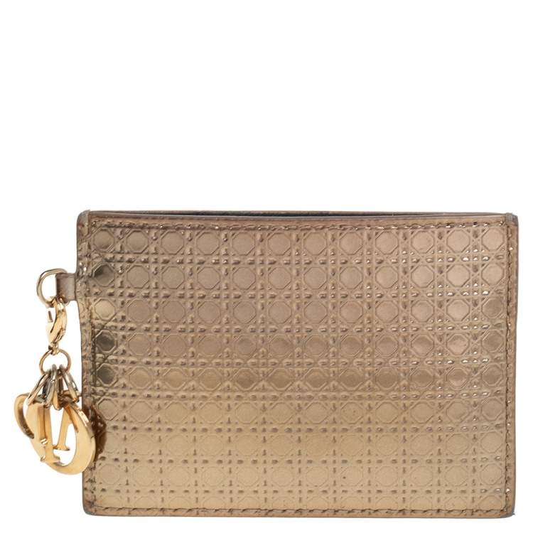 Pre Owned Dior Metallic Gold Micro Cannage Patent Leather Lady Dior Card Holder