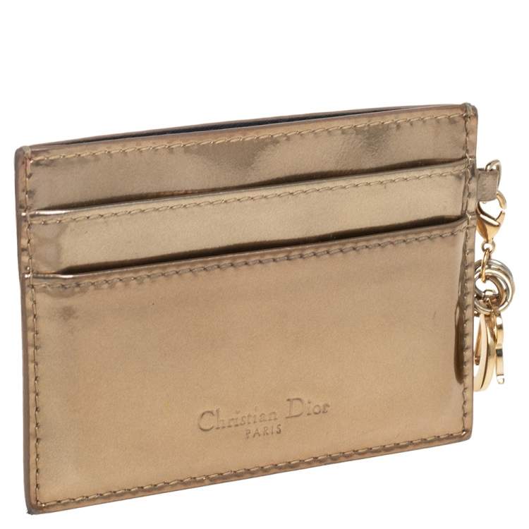 Pre Owned Dior Metallic Gold Micro Cannage Patent Leather Lady Dior Card Holder