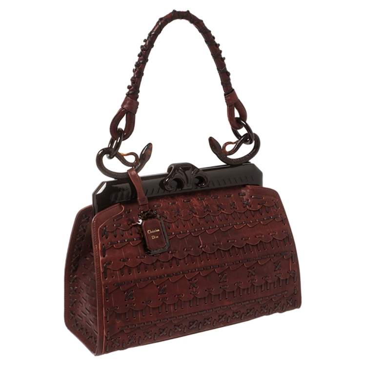 Pre Owned Dior Dark Red Woven Leather Limited Edition Samourai Armour Frame Bag