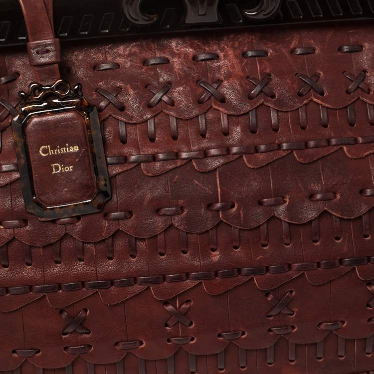 Pre Owned Dior Dark Red Woven Leather Limited Edition Samourai Armour Frame Bag