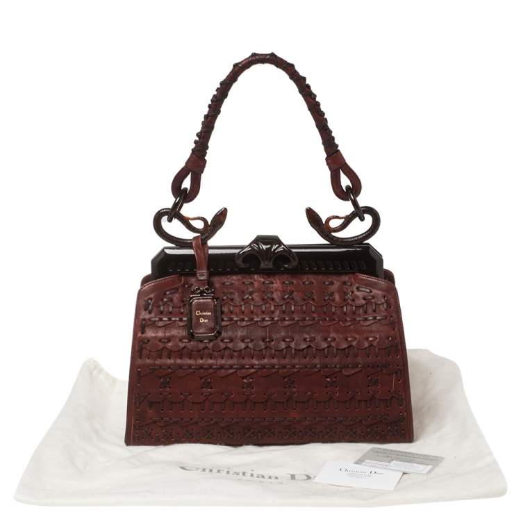 Pre Owned Dior Dark Red Woven Leather Limited Edition Samourai Armour Frame Bag