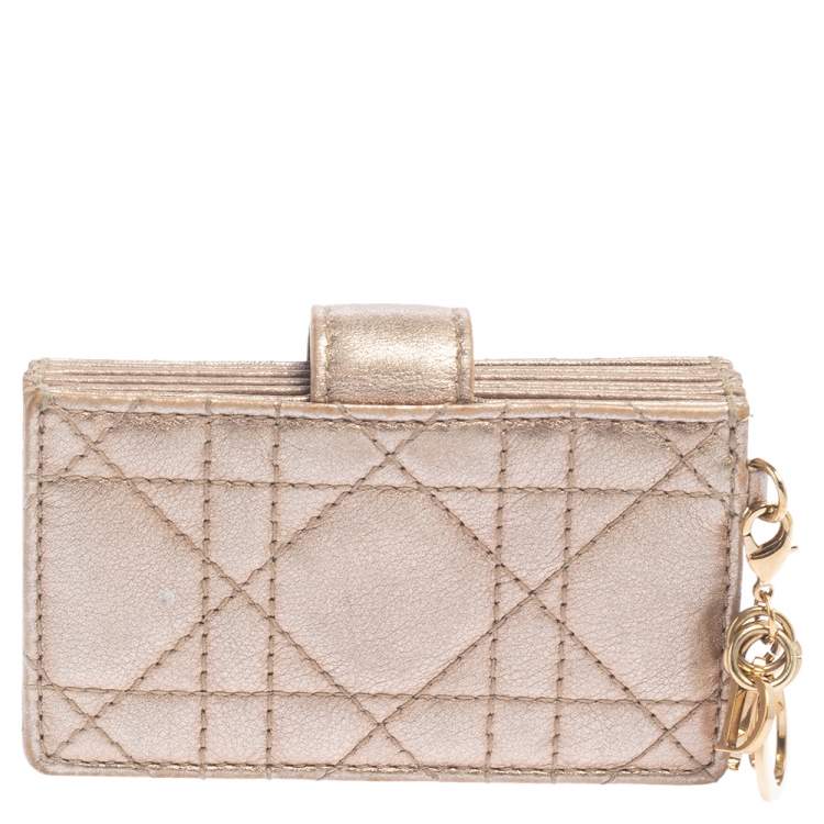 Pre Owned Dior Metallic Rose Gold Cannage Leather Gusset Card Holder