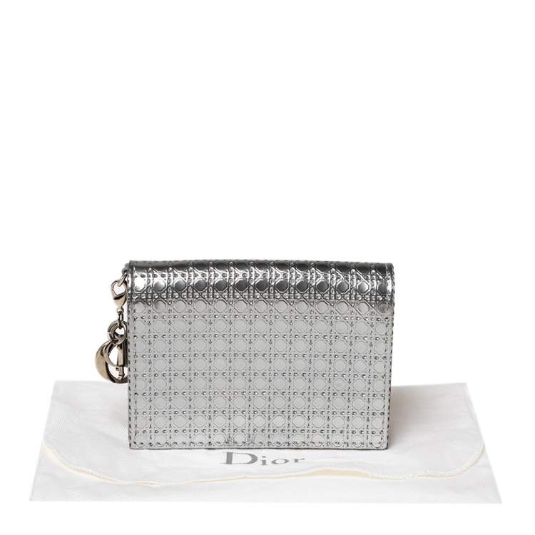 Pre Owned Dior Silver Micro Cannage Leather Mini Lady Dior Card Case