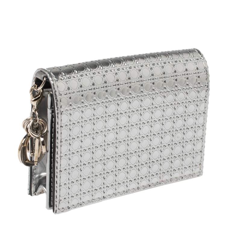 Pre Owned Dior Silver Micro Cannage Leather Mini Lady Dior Card Case