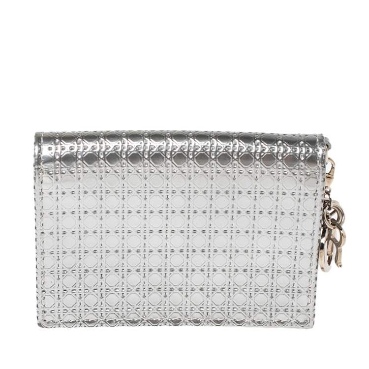 Pre Owned Dior Silver Micro Cannage Leather Mini Lady Dior Card Case