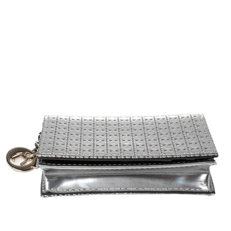Pre Owned Dior Silver Micro Cannage Leather Mini Lady Dior Card Case
