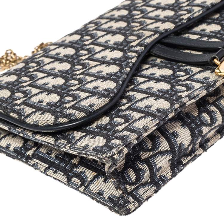 Pre Owned Dior Navy Blue/Beige Oblique Canvas Saddle Chain Pouch