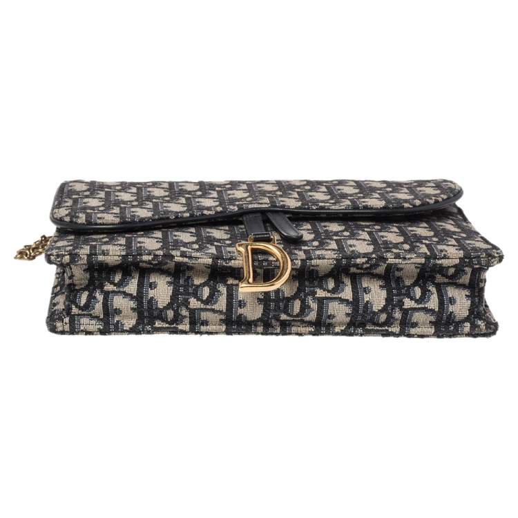 Pre Owned Dior Navy Blue/Beige Oblique Canvas Saddle Chain Pouch