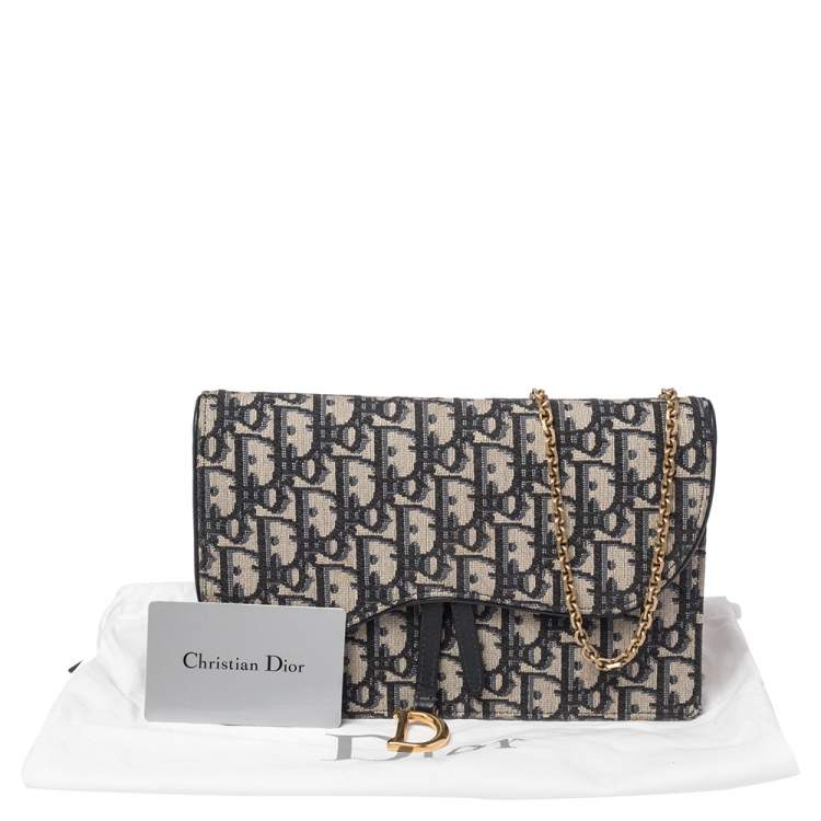 Pre Owned Dior Navy Blue/Beige Oblique Canvas Saddle Chain Pouch