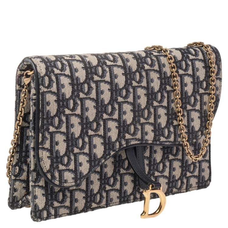 Pre Owned Dior Navy Blue/Beige Oblique Canvas Saddle Chain Pouch