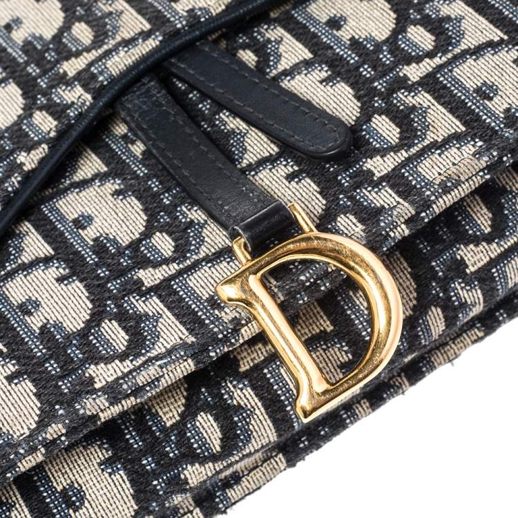 Pre Owned Dior Navy Blue/Beige Oblique Canvas Saddle Chain Pouch