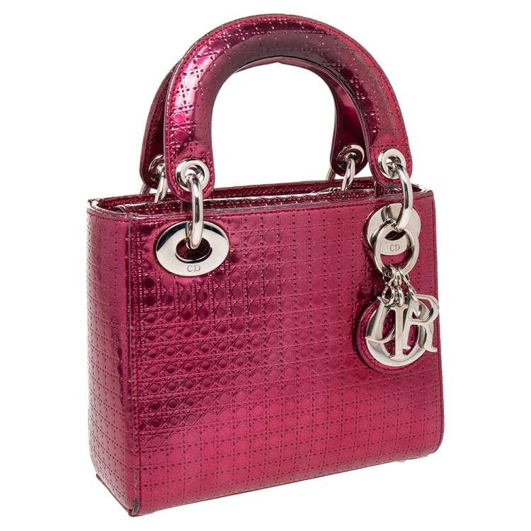 Pre Owned Dior Metallic Hot Pink Micro Cannage Leather Mini Lady Dior Tote