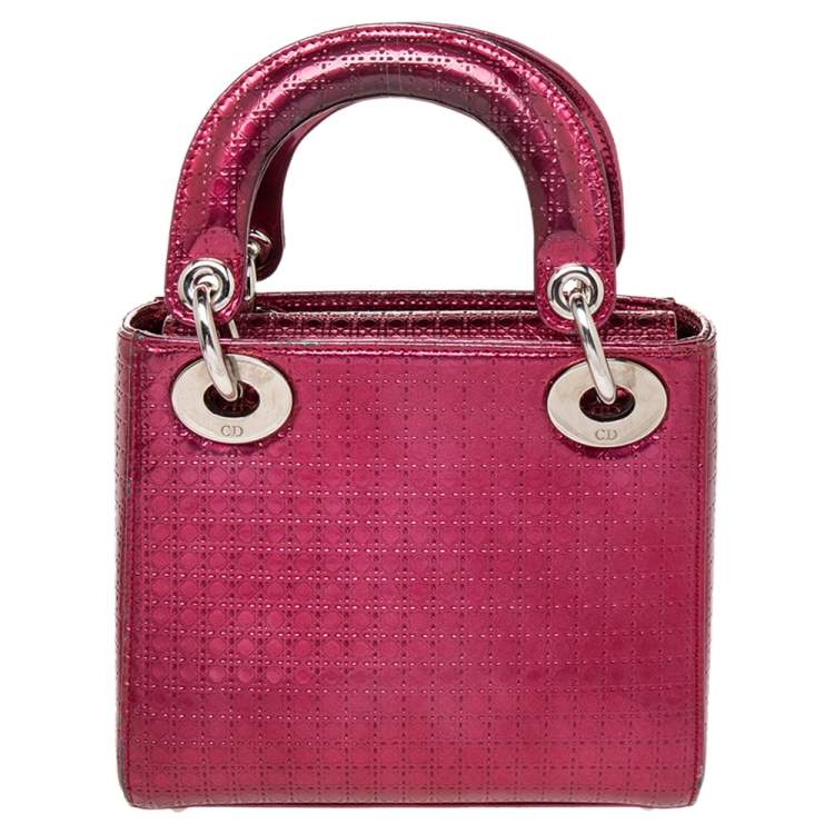 Pre Owned Dior Metallic Hot Pink Micro Cannage Leather Mini Lady Dior Tote