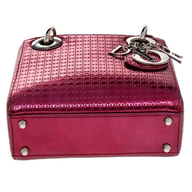 Pre Owned Dior Metallic Hot Pink Micro Cannage Leather Mini Lady Dior Tote