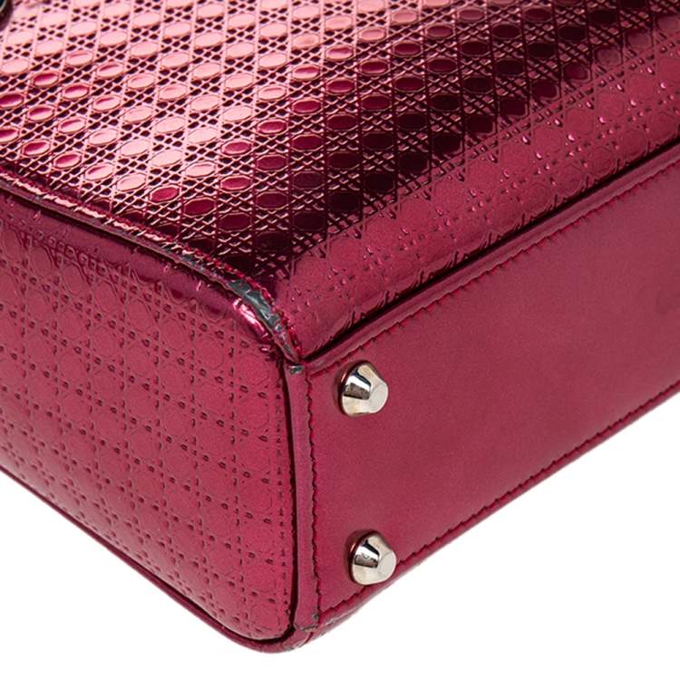 Pre Owned Dior Metallic Hot Pink Micro Cannage Leather Mini Lady Dior Tote