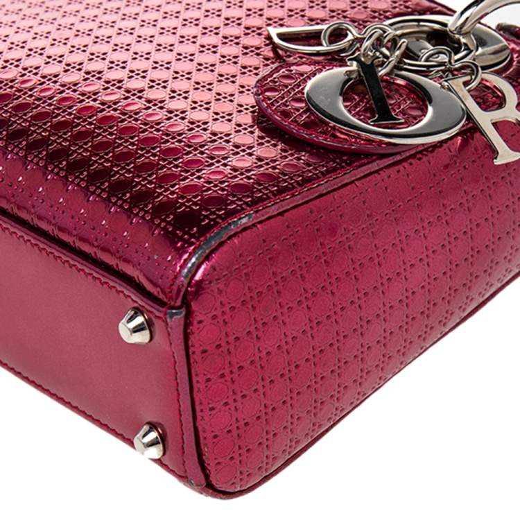 Pre Owned Dior Metallic Hot Pink Micro Cannage Leather Mini Lady Dior Tote