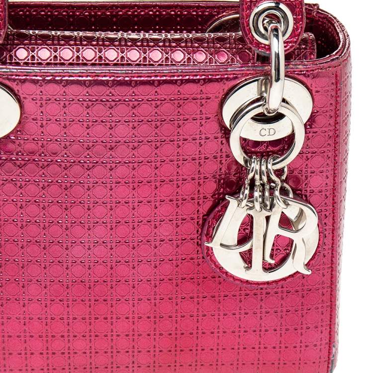 Pre Owned Dior Metallic Hot Pink Micro Cannage Leather Mini Lady Dior Tote