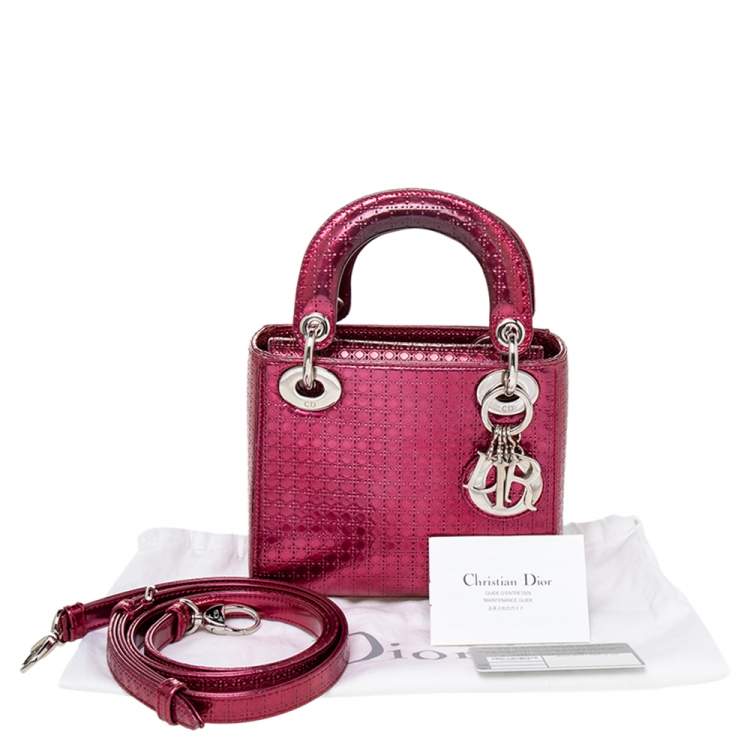 Pre Owned Dior Metallic Hot Pink Micro Cannage Leather Mini Lady Dior Tote