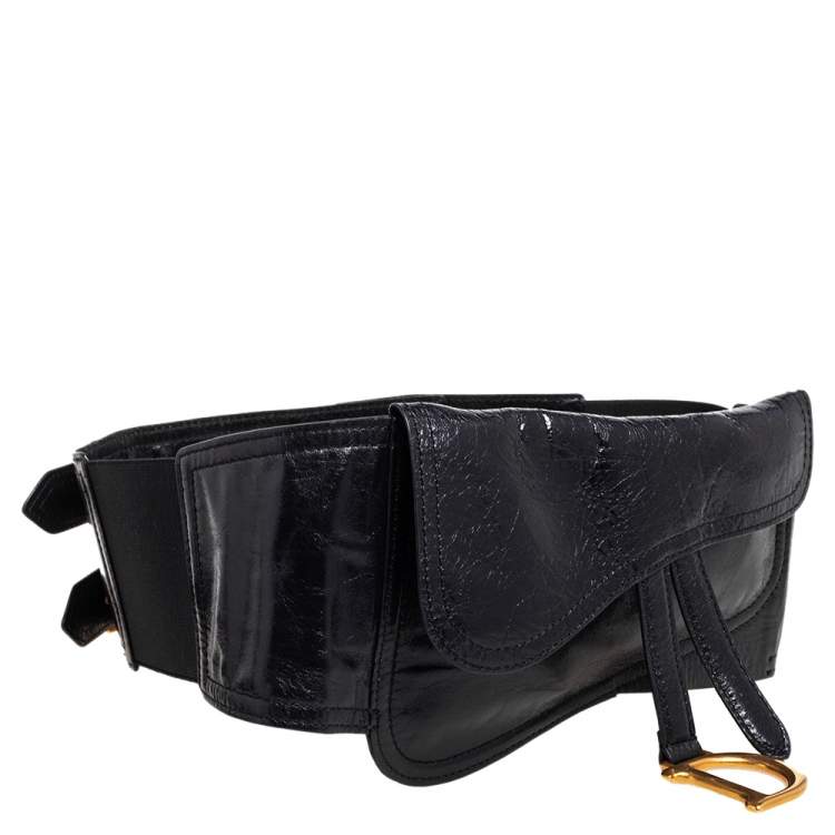 Pre Owned Dior Black Shine Leather Saddle Waist Belt Bag