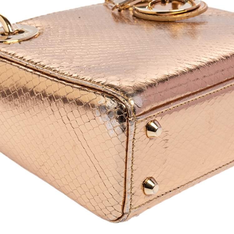 Pre Owned Dior Metallic Gold Python Mini Lady Dior Tote
