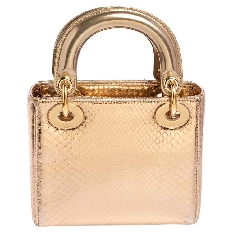 Pre Owned Dior Metallic Gold Python Mini Lady Dior Tote