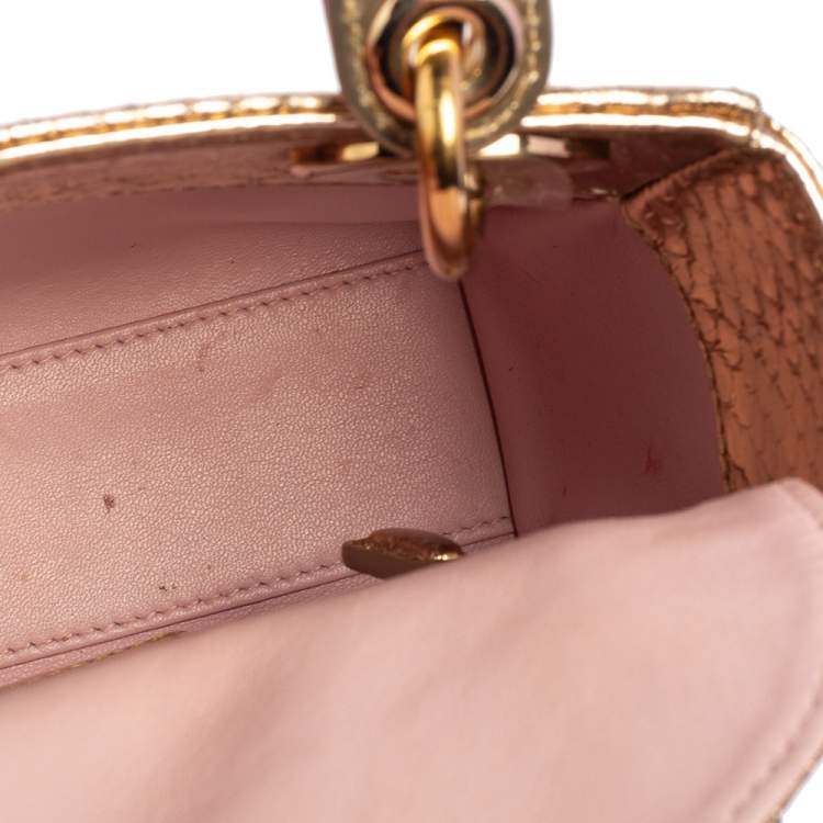 Pre Owned Dior Metallic Gold Python Mini Lady Dior Tote