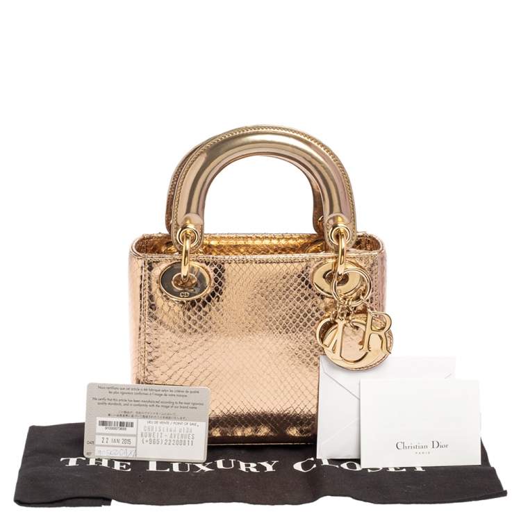 Pre Owned Dior Metallic Gold Python Mini Lady Dior Tote