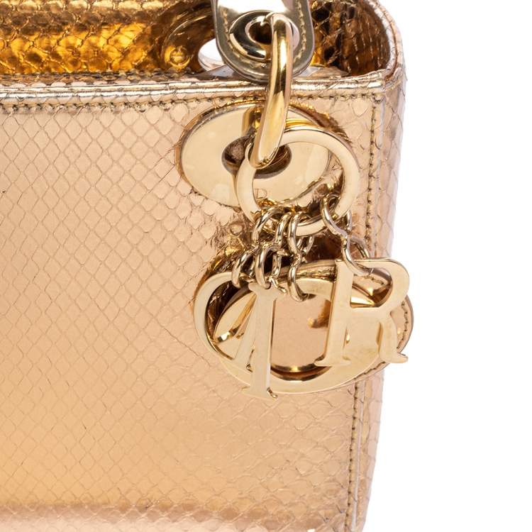 Pre Owned Dior Metallic Gold Python Mini Lady Dior Tote