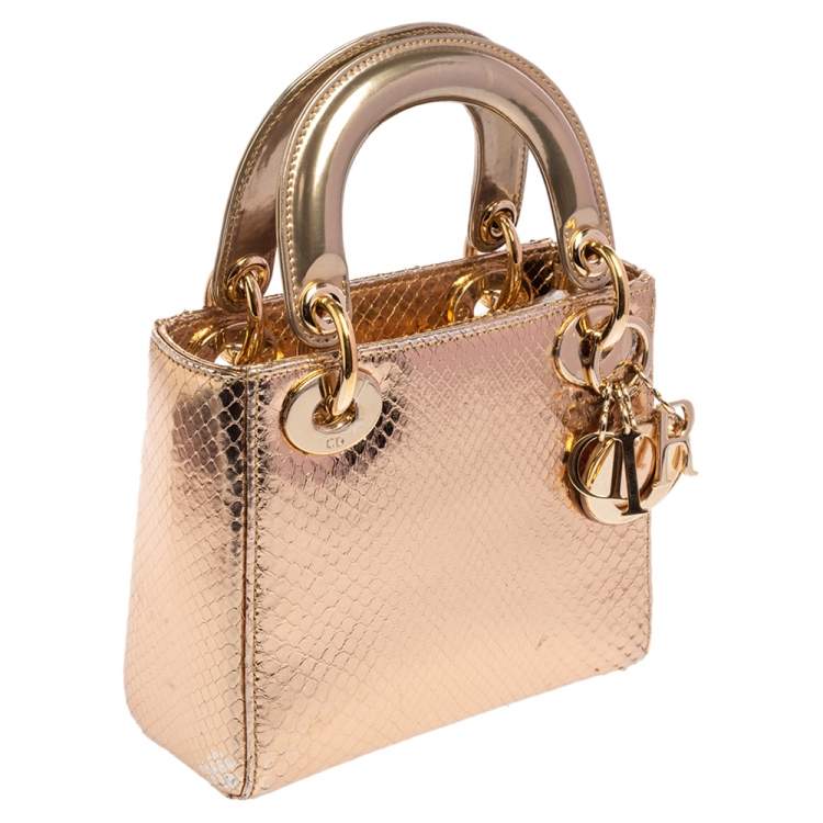 Pre Owned Dior Metallic Gold Python Mini Lady Dior Tote