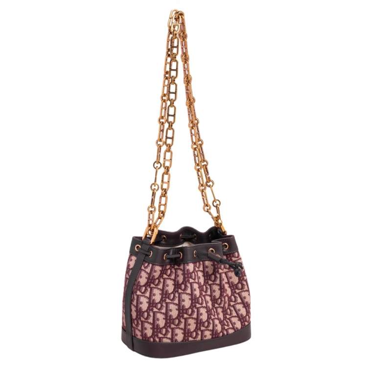 Pre Owned Dior Burgundy Oblique Canvas and Leather Drawstring Chain Bucket Bag